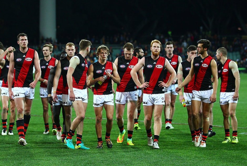 AFL 2016 Rd 19 - Adelaide v Essendon ADELAIDE, AUSTRALIA - JULY 31: The Bombers leave the field after losing the round 19 AFL match between the Adelaide Crows and the Essendon Bombers at Adelaide Oval on July 31, 2016 in Adelaide, Australia. (Photo by Scott Barbour/AFL Media/Getty Images)